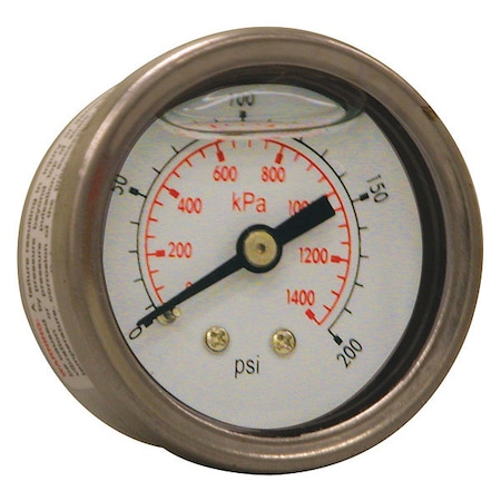 Winters Industrial Pressure Gauge, 0 to 200 psi, 1 1/2 in Dial, 1/8 in NPT, Center Back Location PFQ1226