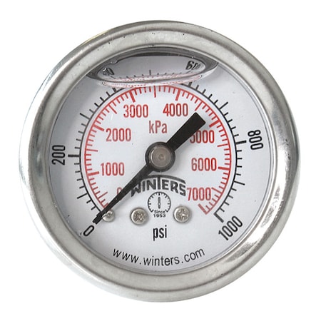 Winters Industrial Pressure Gauge, 0 to 1,000 psi, 1 1/2 in Dial, 1/8 in NPT, Center Back Location PFQ1229