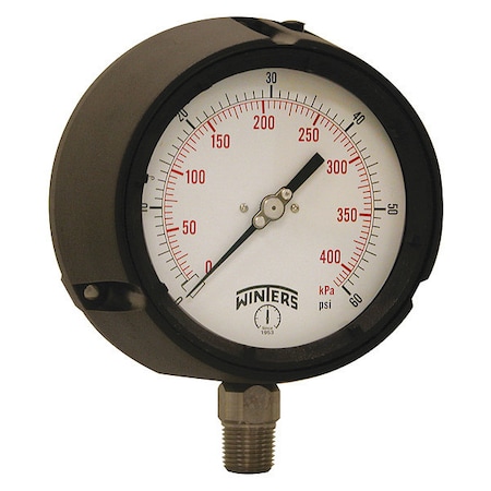 Winters Process Pressure Gauge, 0 to 60 psi, 4 1/2 in Dial, 1/2 in NPT, Bottom Location PPC5063G-SG45