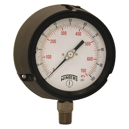 Winters Process Pressure Gauge, 0 to 100 psi, 4 1/2 in Dial, 1/2 in NPT, Bottom Location PPC5064G-SG45