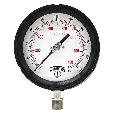 Winters Process Pressure Gauge, 0 to 200 psi, 4 1/2 in Dial, 1/2 in NPT, Bottom Location PPC5066-SG45