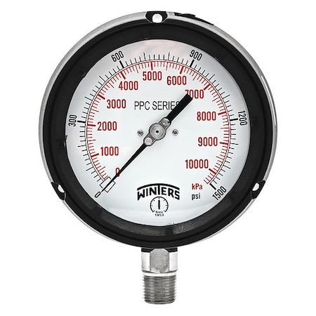 Winters Process Pressure Gauge, 0 to 1,500 psi, 4 1/2 in Dial, 1/2 in NPT, Bottom Location PPC5071-SG45