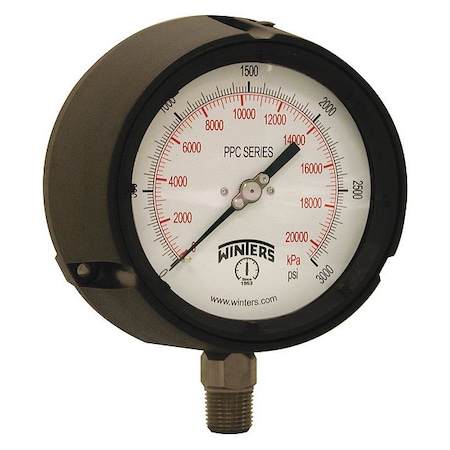 Winters Process Pressure Gauge, 0 to 3,000 psi, 4 1/2 in Dial, 1/2 in NPT, Bottom Location PPC5073-SG45