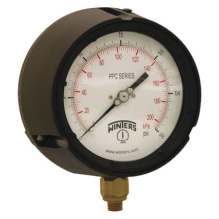 Winters Process Pressure Gauge, 0 to 30 psi, 4 1/2 in Dial, 1/4 in NPT, Bottom Location PPC5082-G-SG.
