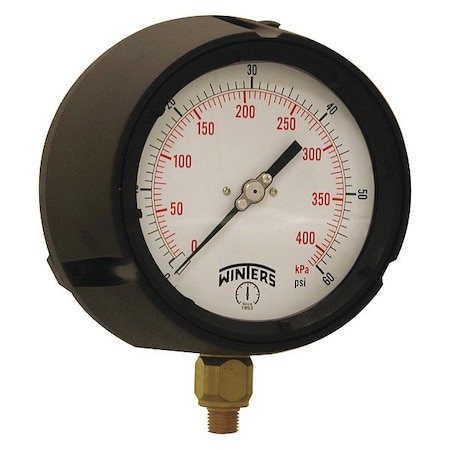 Winters Process Pressure Gauge, 0 to 60 psi, 4 1/2 in Dial, 1/4 in NPT, Bottom Location PPC5083-G-SG.