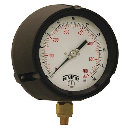 Winters Process Pressure Gauge, 0 to 100 psi, 4 1/2 in Dial, 1/4 in NPT, Bottom Location PPC5084-G-SG.