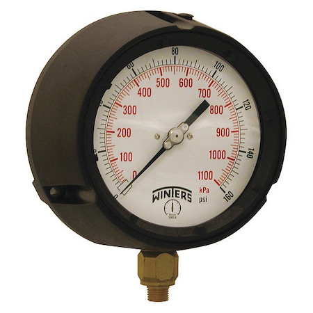 Winters Process Pressure Gauge, 0 to 160 psi, 4 1/2 in Dial, 1/4 in NPT, Bottom Location PPC5085-G-SG.