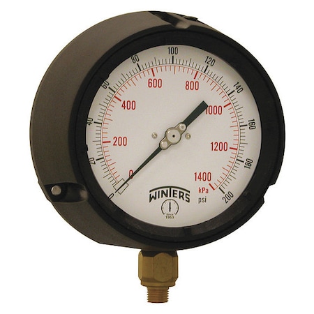 Winters Process Pressure Gauge, 0 to 200 psi, 4 1/2 in Dial, 1/4 in NPT, Bottom Location PPC5086-G-SG.