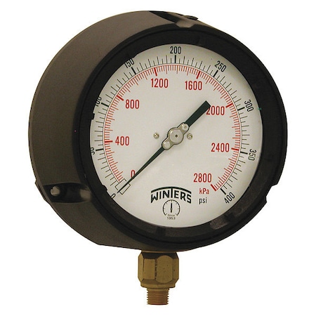 Winters Process Pressure Gauge, 0 to 400 psi, 4 1/2 in Dial, 1/4 in NPT, Bottom Location PPC5088G-SG45