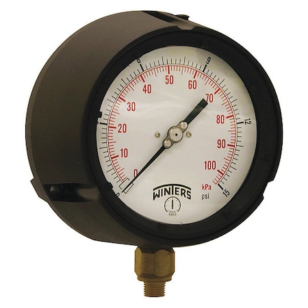 Winters Process Pressure Gauge, 0 to 15 psi, 4 1/2 in Dial, 1/4 in NPT, Bottom Location PPC5081-G-SG.