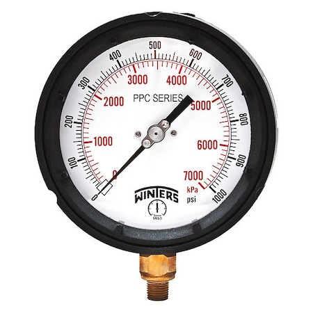 Winters Process Pressure Gauge, 0 to 60 psi, 4 1/2 in Dial, 1/4 in NPT, Bottom Location PPC5098-G-SG.