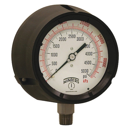 Winters Process Pressure Gauge, 0 to 5,000 psi, 4 1/2 in Dial, 1/2 in NPT, Bottom Location PPC5074G-SG45