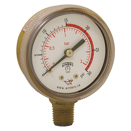 Winters Welding Regulator Pressure Gauge, 0 to 30 psi, 2 in Dial, 1/4 in NPT, Bottom Location PWL2720