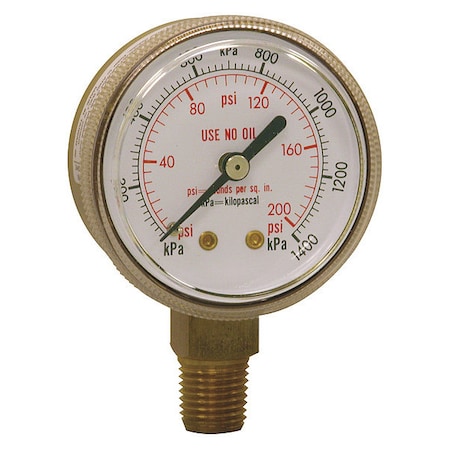 Winters Welding Regulator Pressure Gauge, 0 to 200 psi, 2 in Dial, 1/4 in NPT, Bottom Location PWL2724