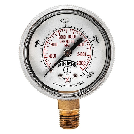 WINTERS Pressure Gauge, 0 to 4000 psi, 1/4 in MNPT, Brass PWL2732