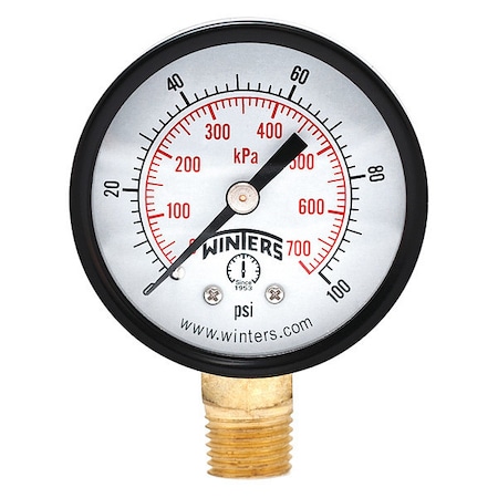 WINTERS Pressure Gauge, 0 to 100 psi, 1/4 in MNPT, Black PEM202