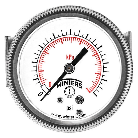 Winters Panel-Mount Pressure Gauge, 0 to 100 psi, 3 1/2 in Dial, 1/4 in NPT, Center Back Location P9U901458UC