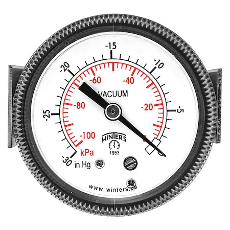Winters Panel-Mount Vacuum Gauge, 30 to 0 psi, 2 in Dial, 1/4 in NPT, Center Back Location P9U901428UC