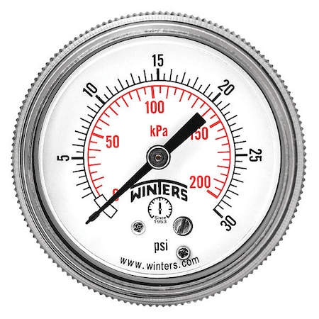Winters Panel-Mount Pressure Gauge, 0 to 30 psi, 2 in Dial, 1/4 in NPT, Center Back Location P9U901403UC