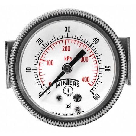 Winters Panel-Mount Pressure Gauge, 0 to 60 psi, 2 in Dial, 1/4 in NPT, Center Back Location P9U901405UC