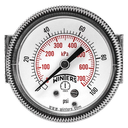 Winters Panel-Mount Pressure Gauge, 0 to 100 psi, 2 in Dial, 1/4 in NPT, Center Back Location P9U901407UC
