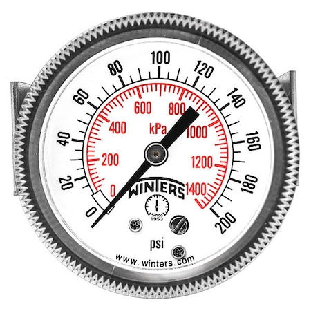 Winters Panel-Mount Pressure Gauge, 0 to 200 psi, 2 in Dial, 1/4 in NPT, Center Back Location P9U901410UC