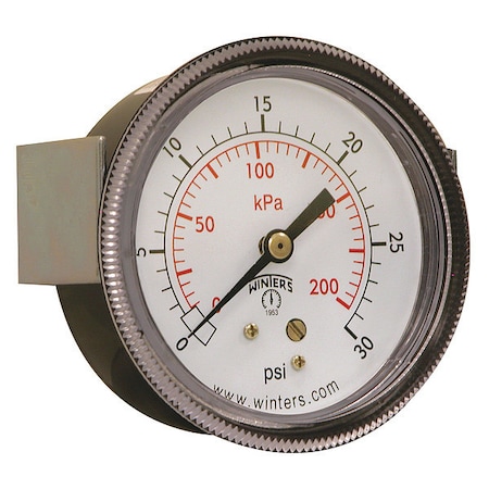 Winters Panel-Mount Pressure Gauge, 0 to 30 psi, 2 1/2 in Dial, 1/4 in NPT, Center Back Location P9U901437UC