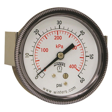 Winters Panel-Mount Pressure Gauge, 0 to 60 psi, 2 1/2 in Dial, 1/4 in NPT, Center Back Location P9U901438UC