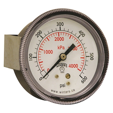 Winters Panel-Mount Pressure Gauge, 0 to 600 psi, 2 1/2 in Dial, 1/4 in NPT, Center Back Location P9U901454UC