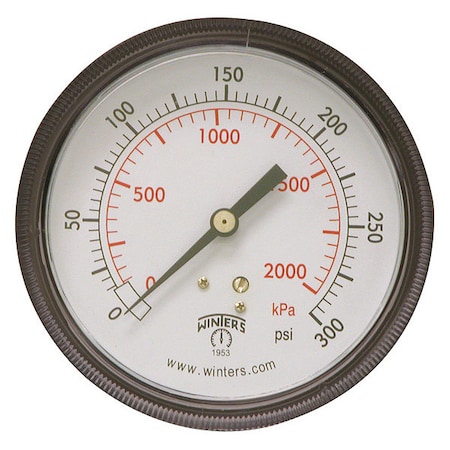 Winters Panel-Mount Pressure Gauge, 0 to 300 psi, 3 1/2 in Dial, 1/4 in NPT, Center Back Location P9U901461UC