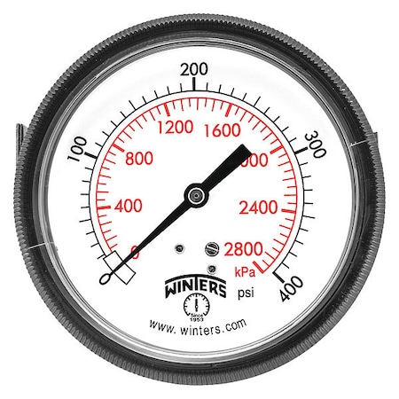 Winters Panel-Mount Pressure Gauge, 0 to 400 psi, 3 1/2 in Dial, 1/4 in NPT, Center Back Location P9U901462UC