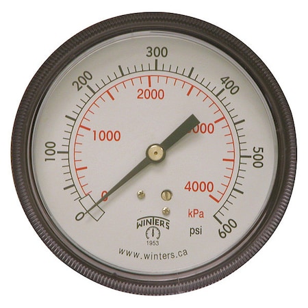 Winters Panel-Mount Pressure Gauge, 0 to 600 psi, 3 1/2 in Dial, 1/4 in NPT, Center Back Location P9U901463UC