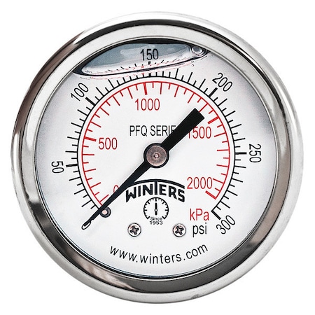 Winters Panel-Mount Pressure Gauge, 0 to 300 psi, 2 in Dial, 1/4 in NPT, Center Back Location PFQ2492-DRY-2FF