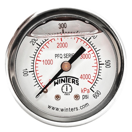 Winters Panel-Mount Pressure Gauge, 0 to 600 psi, 2 in Dial, 1/4 in NPT, Center Back Location PFQ2494-DRY-2FF