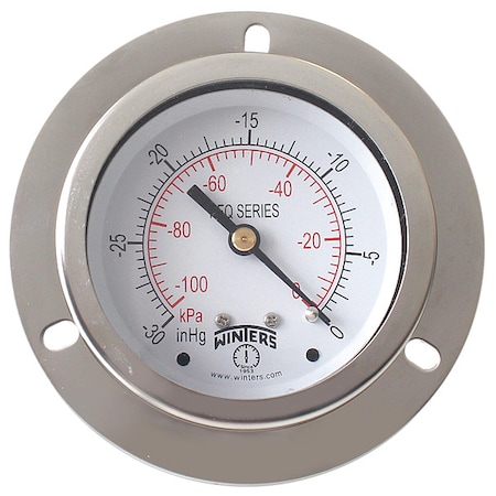 Winters Panel-Mount Vacuum Gauge, 30 to 0 psi, 2 1/2 in Dial, 1/4 in NPT, Center Back Location PFQ900-DRY-25FF