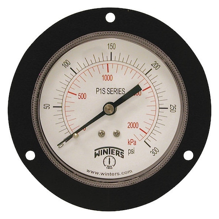 Winters Panel-Mount Pressure Gauge, 0 to 300 psi, 3 1/2 in Dial, 1/4 in NPT, Center Back Location P1S567
