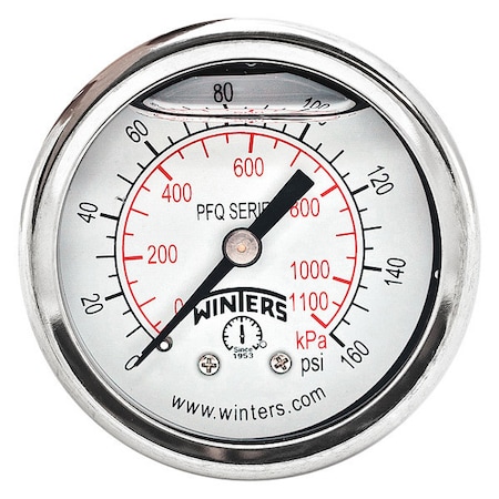 Winters Panel-Mount Pressure Gauge, 0 to 160 psi, 2 in Dial, 1/8 in NPT, Center Back Location PFQ2438-DRY-2FF
