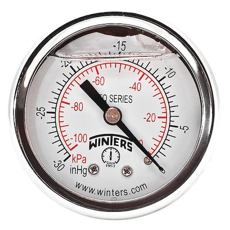 Winters Panel-Mount Vacuum Gauge, 30 to 0 psi, 2 in Dial, 1/4 in NPT, Center Back Location PFQ2478-DRY-2FF