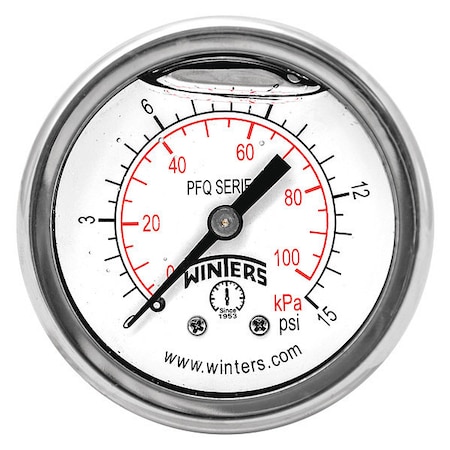 Winters Panel-Mount Pressure Gauge, 0 to 15 psi, 2 in Dial, 1/4 in NPT, Center Back Location PFQ2486-DRY-2FF