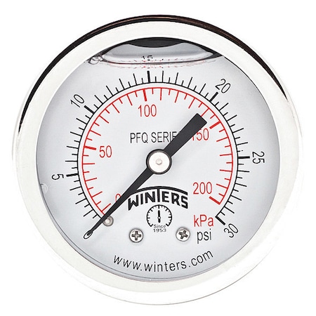 Winters Panel-Mount Pressure Gauge, 0 to 30 psi, 2 in Dial, 1/4 in NPT, Center Back Location PFQ2487-DRY-2FF