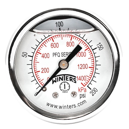 Winters Panel-Mount Pressure Gauge, 0 to 200 psi, 2 in Dial, 1/4 in NPT, Center Back Location PFQ2491-DRY-2FF