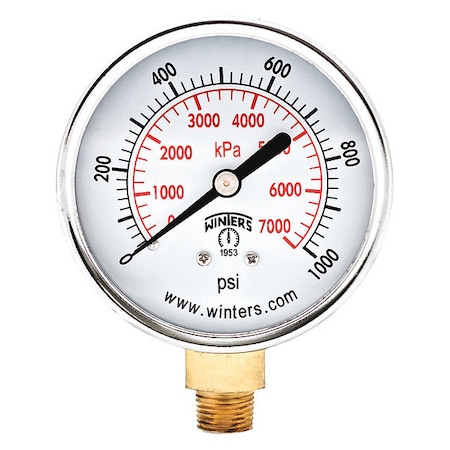 Winters Commercial Pressure Gauge, 0 to 1,000 psi, 2 1/2 in Dial, 1/4 in NPT, Bottom Location PEM290