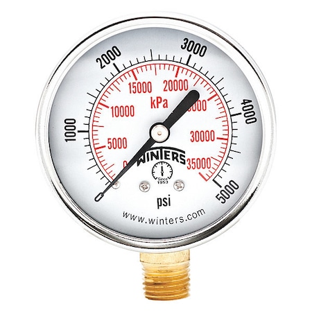 Winters Commercial Pressure Gauge, 0 to 5,000 psi, 2 1/2 in Dial, 1/4 in NPT, Bottom Location PEM292