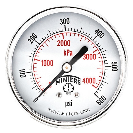 Winters Commercial Pressure Gauge, 0 to 600 psi, 2 1/2 in Dial, 1/4 in NPT, Center Back Location PEM3413