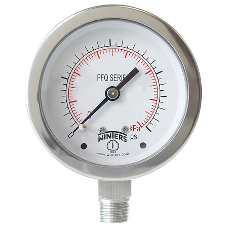 Winters Industrial Pressure Gauge, 0 to 1,000 psi, 2 1/2 in Dial, 1/4 in NPT, Bottom Location PFQ127-DRY