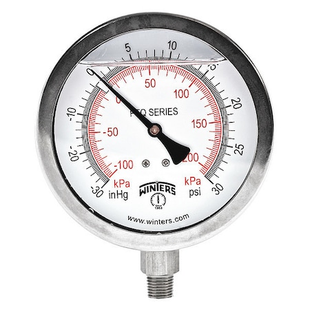 Winters Industrial Compound Gauge, 30 to 0 to 30 psi, 4 in Dial, 1/4 in NPT, Bottom Location PFQ762-DRY