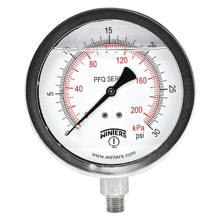 Winters Industrial Pressure Gauge, 0 to 30 psi, 4 in Dial, 1/4 in NPT, Bottom Location PFQ769-DRY