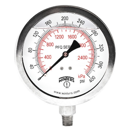 Winters Industrial Pressure Gauge, 0 to 400 psi, 4 in Dial, 1/4 in NPT, Bottom Location PFQ775-DRY