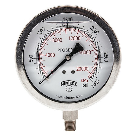 Winters Industrial Pressure Gauge, 0 to 3,000 psi, 4 in Dial, 1/4 in NPT, Bottom Location PFQ1531-DRY