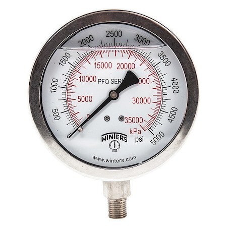 Winters Industrial Pressure Gauge, 0 to 5,000 psi, 4 in Dial, 1/4 in NPT, Bottom Location PFQ1532-DRY
